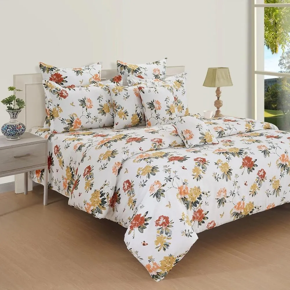 Swayam Ananda White & Yellow Floral Cotton Double Bed Sheet Double Bedsheet