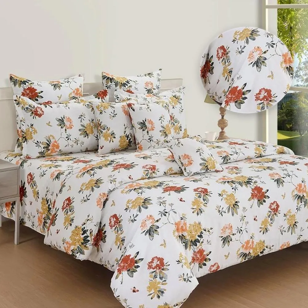 Swayam Ananda White & Yellow Floral Cotton Double Bed Sheet Double Bedsheet