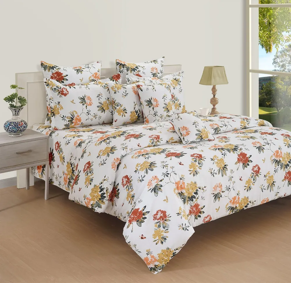 Swayam Ananda White & Yellow Floral Cotton Fitted Double Bed Sheet