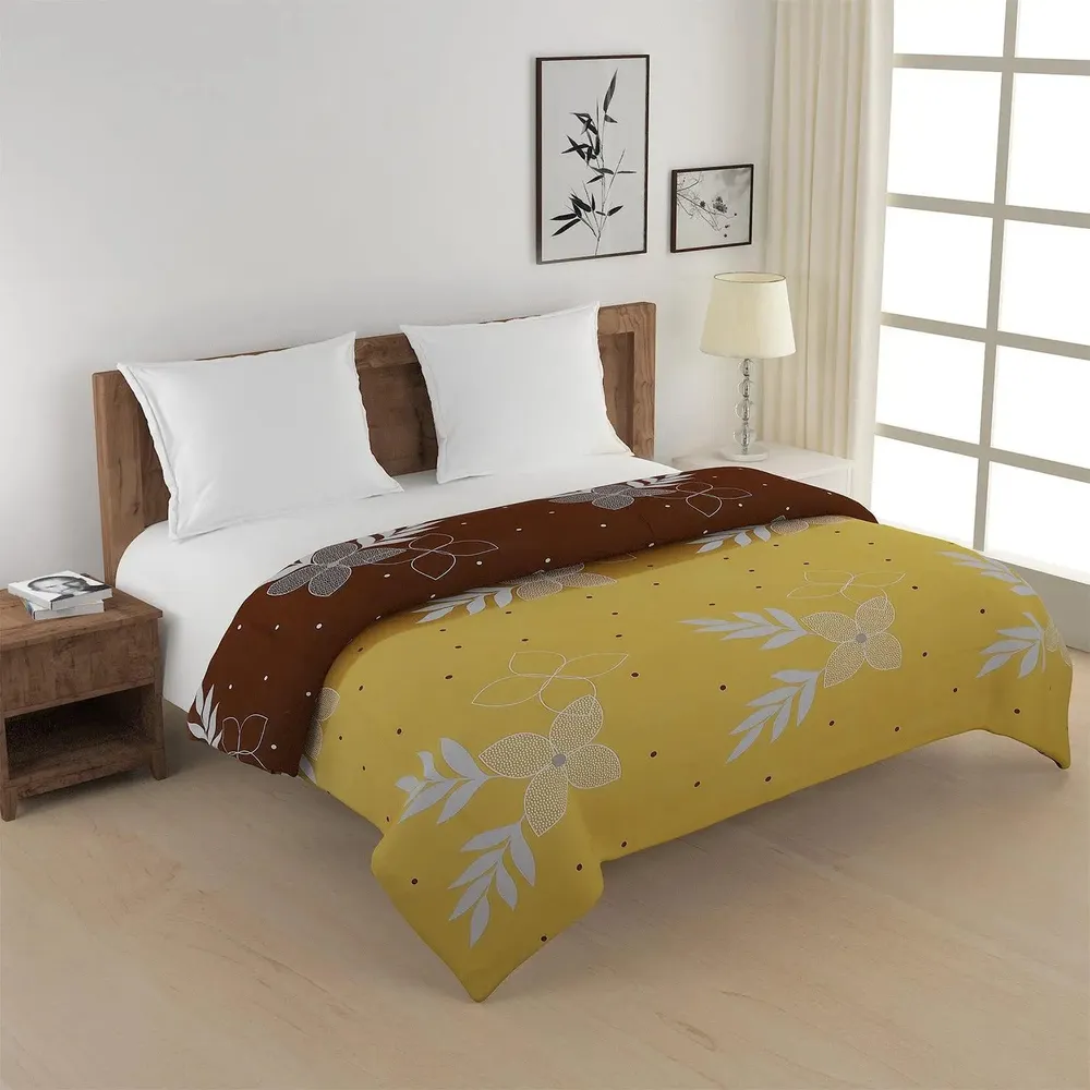 Swayam Artistic Floral Print Yellow & Brown Double Bed Winter Quilt