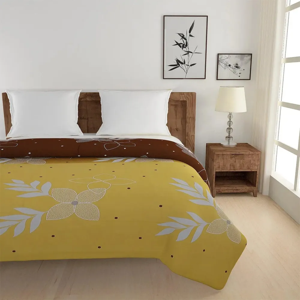Swayam Artistic Floral Print Yellow & Brown Pure Cotton Double Bed Comforter