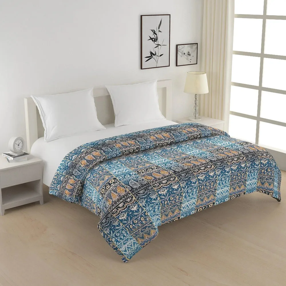 Swayam Blue Dramatic Ethnic Blended Cotton Double Bed Comforter