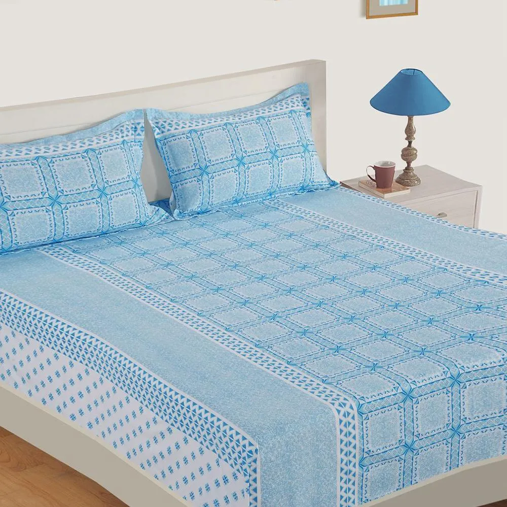 Swayam Blue Fashion Fiesta Zinnia Fitted Bed Sheet with 2 pillow covers