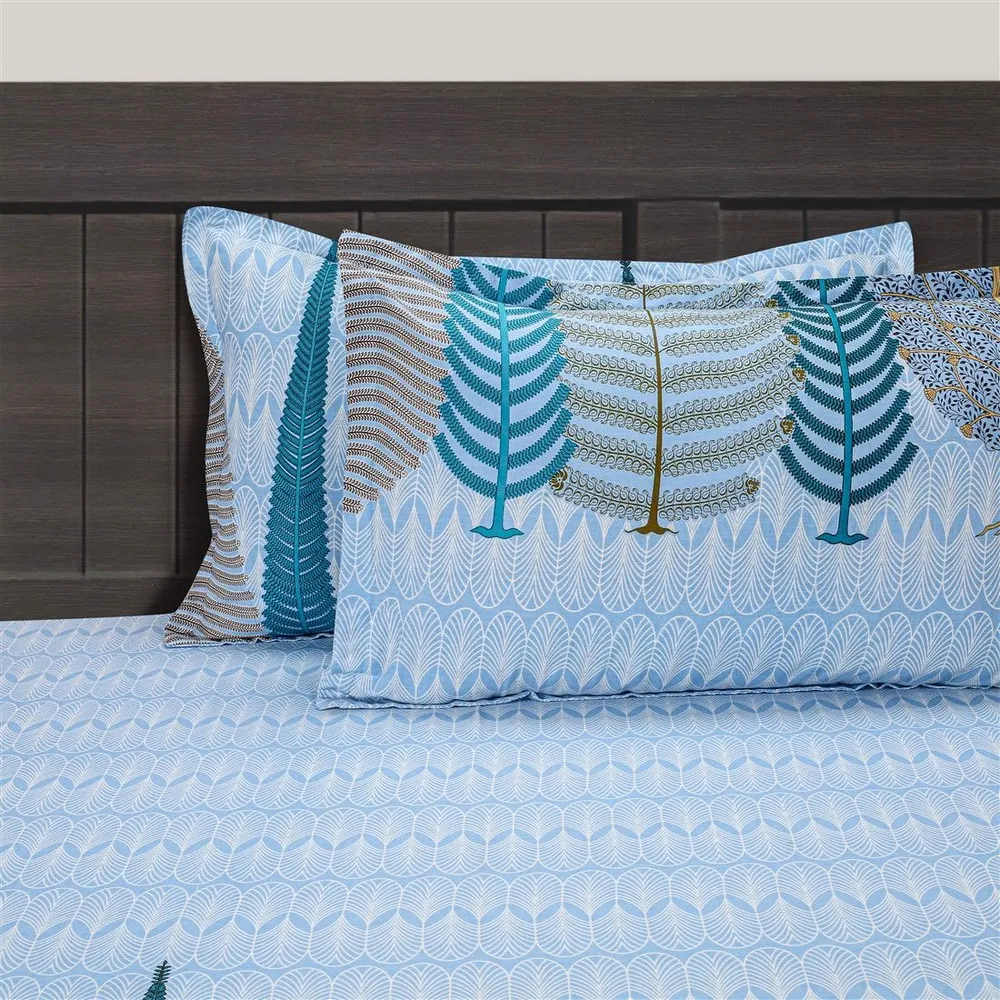 Swayam Blue Fern Print Veda Double Bedsheet with 2 pillow covers Double Bedsheet (90 x 108 Inches)