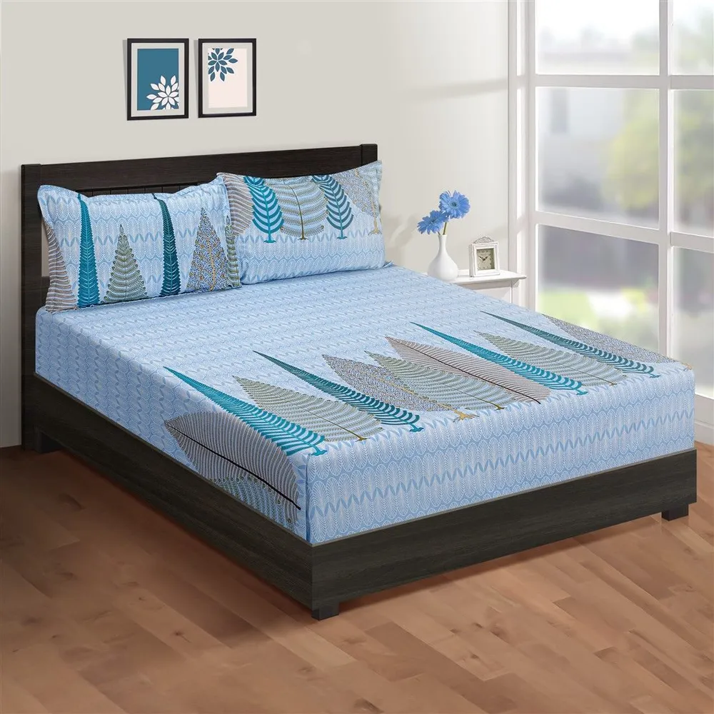 Swayam Blue Fern Print Veda Double Bedsheet with 2 pillow covers Double Bedsheet (90 x 108 Inches)
