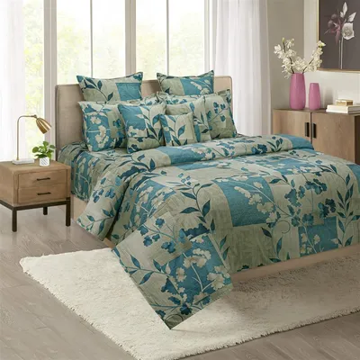 Swayam Cerulean Leaf print Veda Double Bedsheet with 2 pillow covers