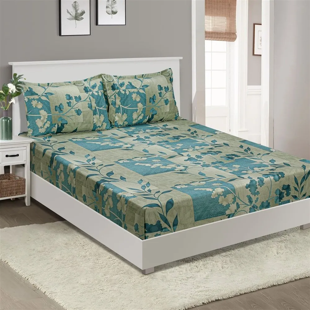 Swayam Cerulean Leaf print Veda Double Bedsheet with 2 pillow covers Double Bedsheet (90 x 108Inches)
