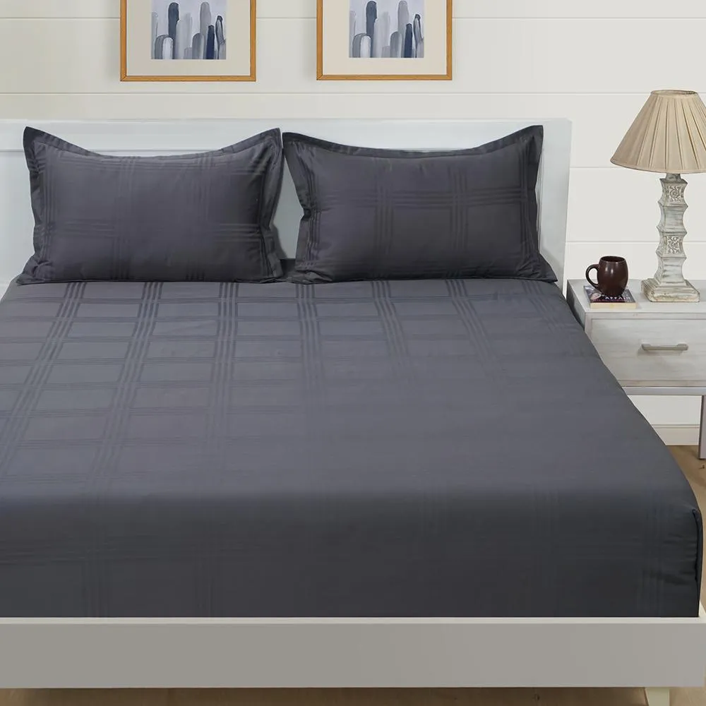 Swayam Coal Grey Saffron Premium Fitted Bed Sheet with 2 pillow covers