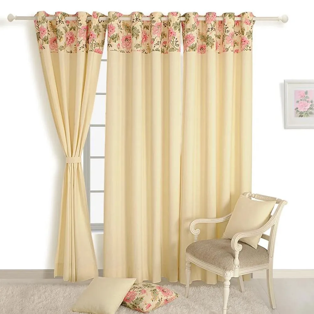Swayam Cream Floral Premium Lining Printed Eyelet Door Curtain Long Door Curtains