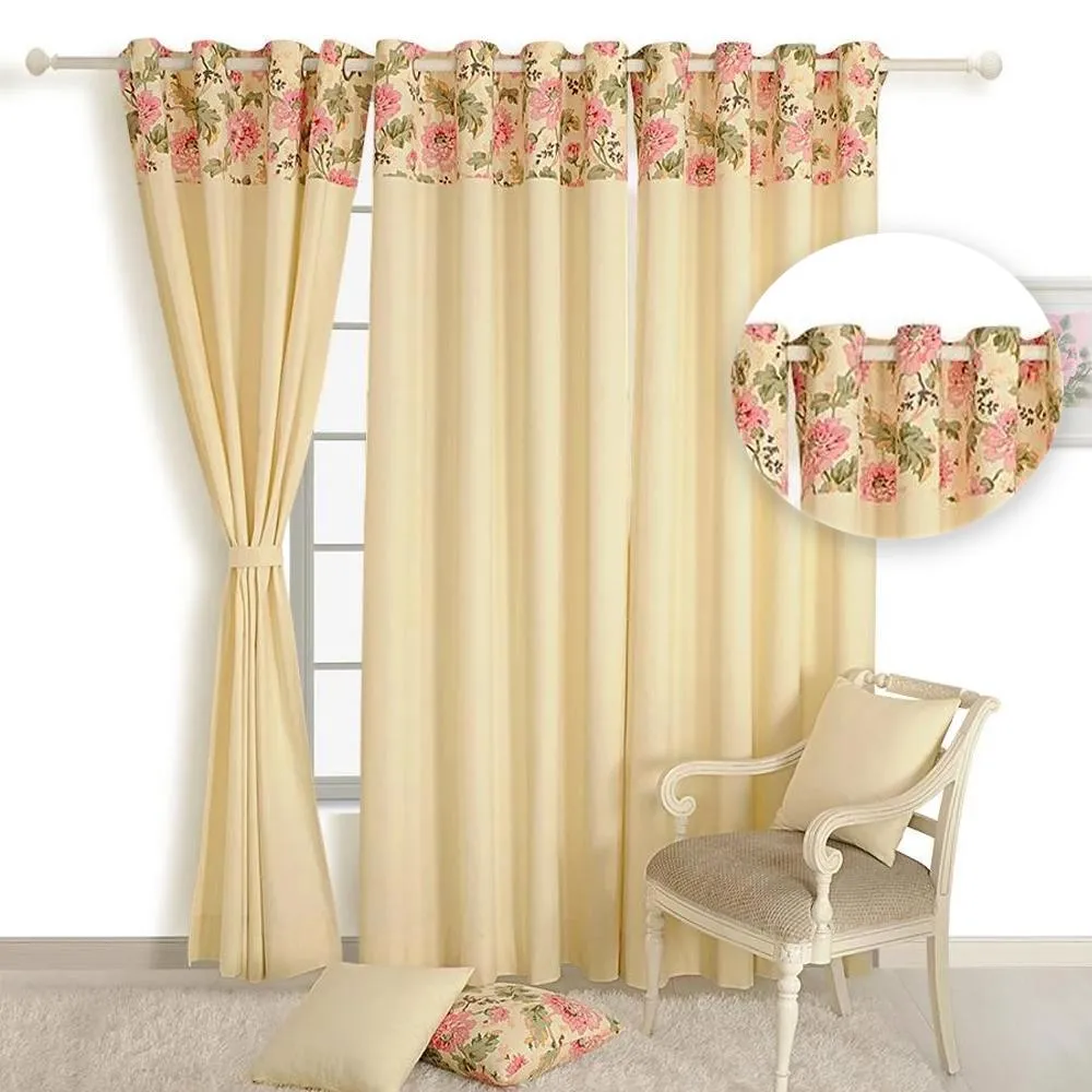 Swayam Cream Floral Premium Lining Printed Eyelet Door Curtain Long Door Curtains