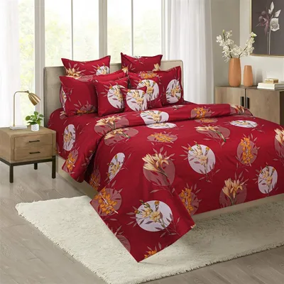 Swayam Crimson Lilies Print Zinnia Double Bedsheet with 2 pillow covers