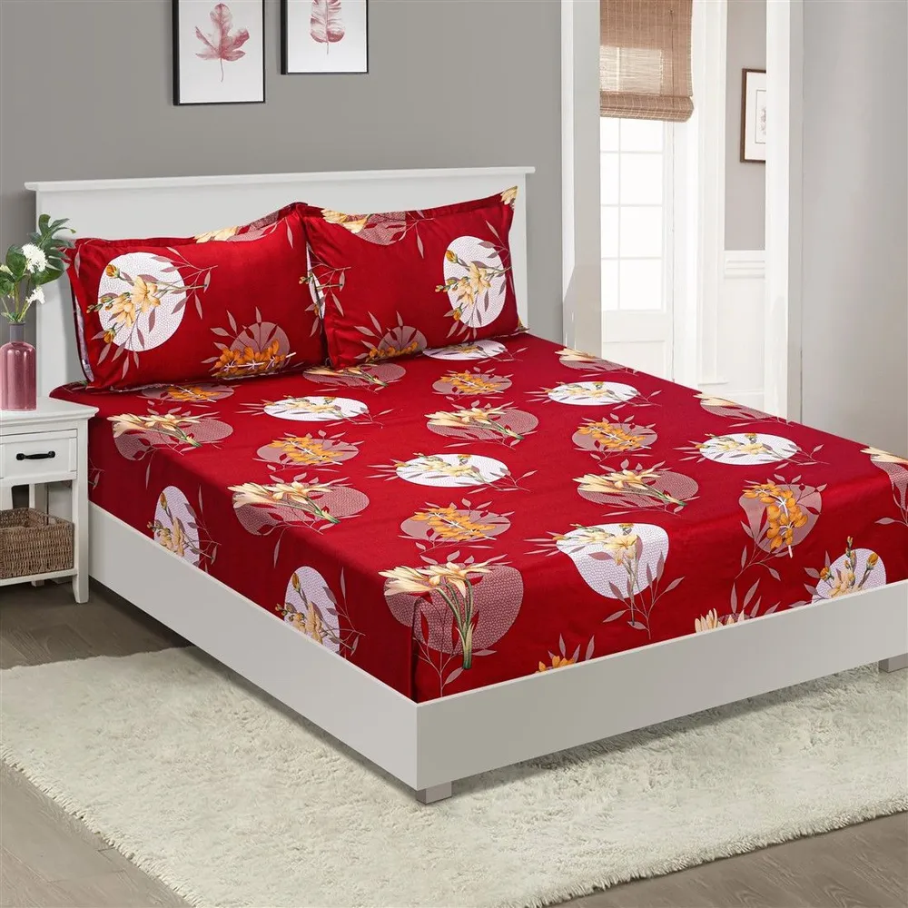 Swayam Crimson Lilies Print Zinnia Double Bedsheet with 2 pillow covers Double Bedsheet (90 x 108 Inches)