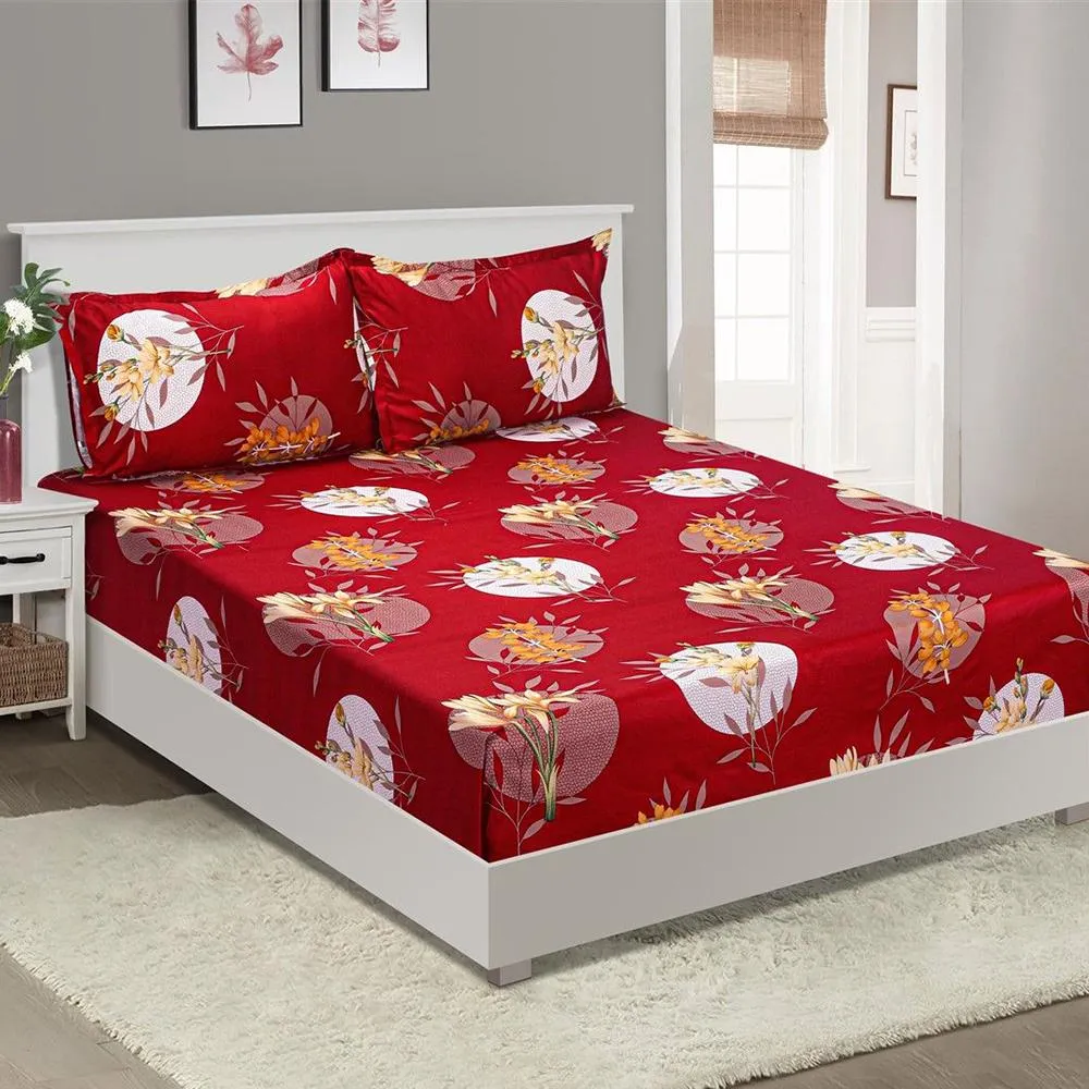 Swayam Crimson Lilies Print Zinnia Fitted Bed Sheet with 2 pillow covers