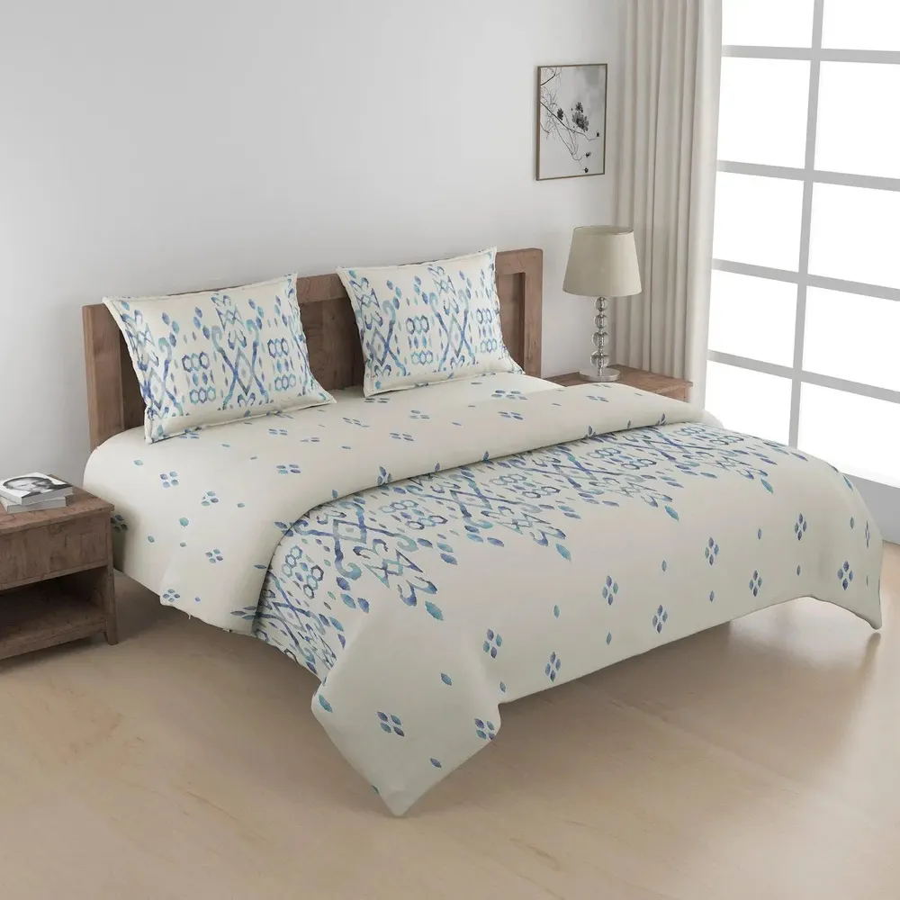 Swayam Ethnic Motif Design 150 GSM Pure Cotton Double Size AC Comforter , White and Blue