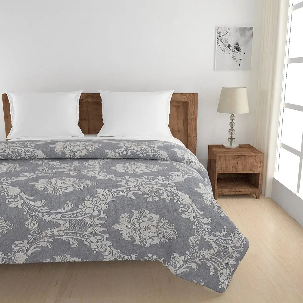 Swayam Ethnic Motif Design 350 GSM Pure Cotton Double Winter Quilt , Grey and White