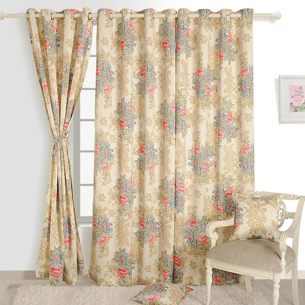 Swayam Floral Beige Sigma Eyelet Door Curtain Regular Size Door Curtains