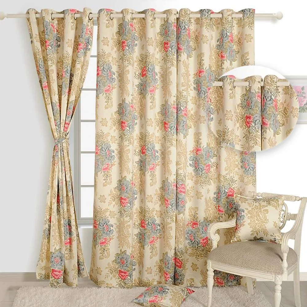 Swayam Floral Beige Sigma Eyelet Door Curtain Regular Size Door Curtains