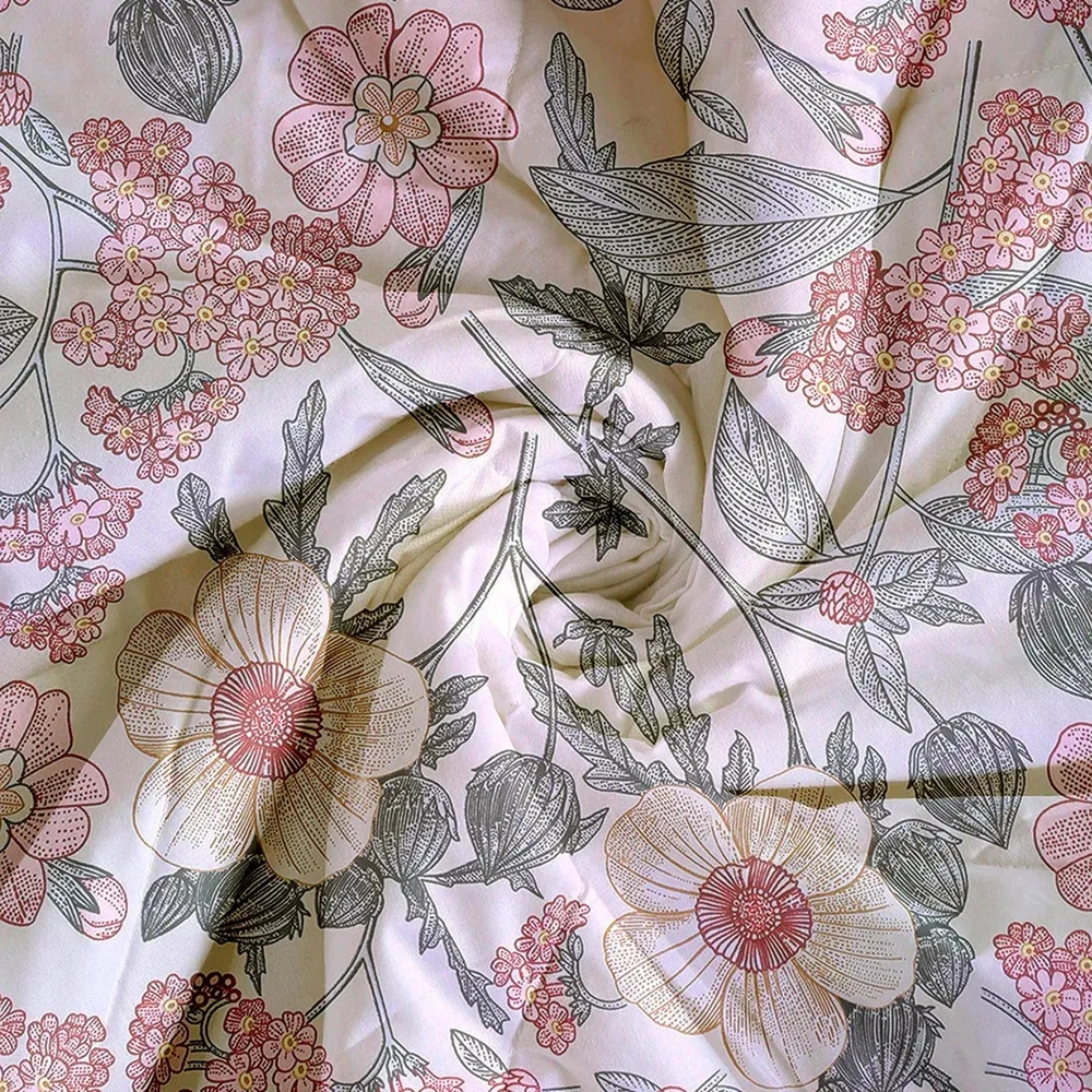Swayam Floral Design 350 GSM Blended Cotton Double Winter Quilt , Pink and Grey