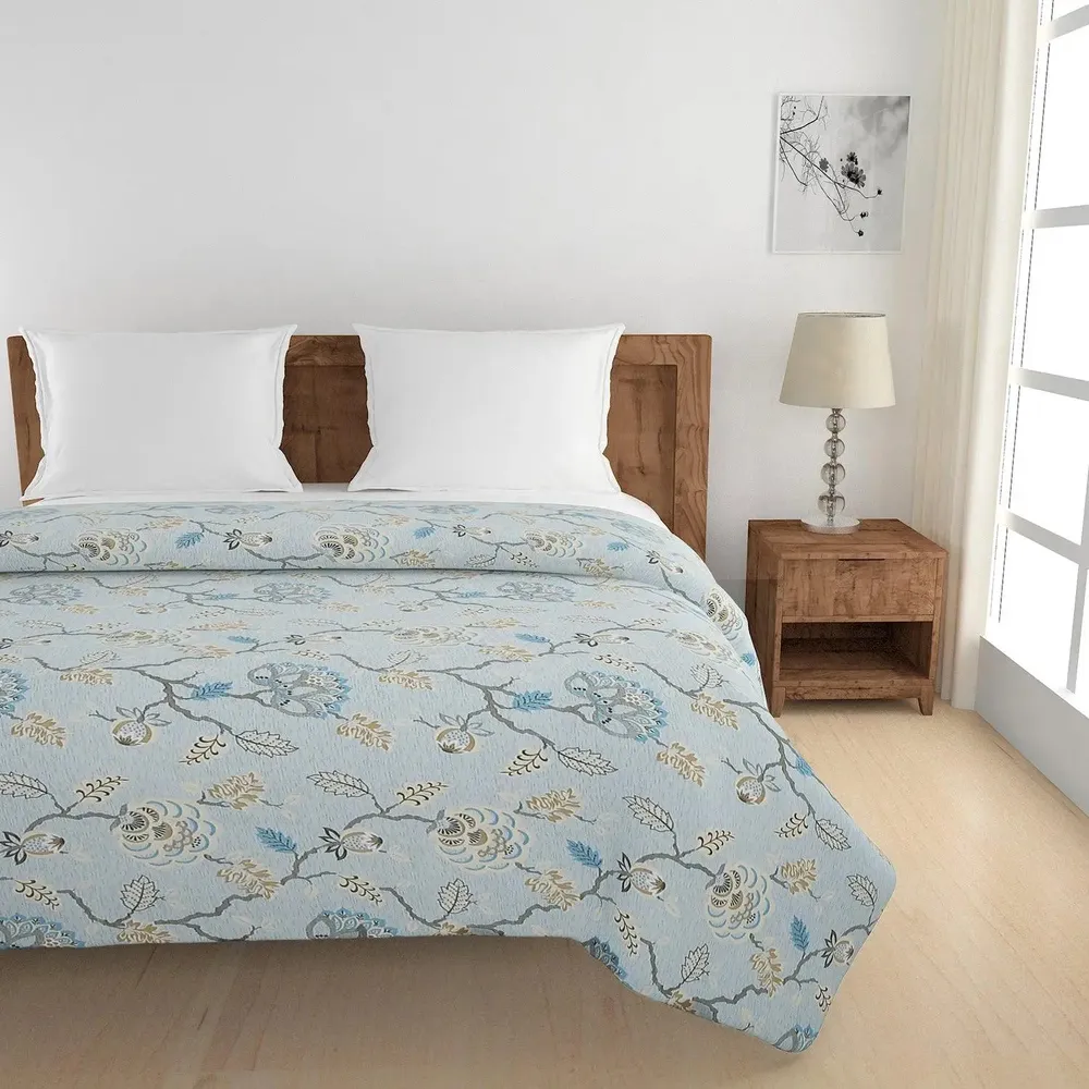 Swayam Floral Design 350 GSM Pure Cotton Double Winter Quilt , Blue and Grey