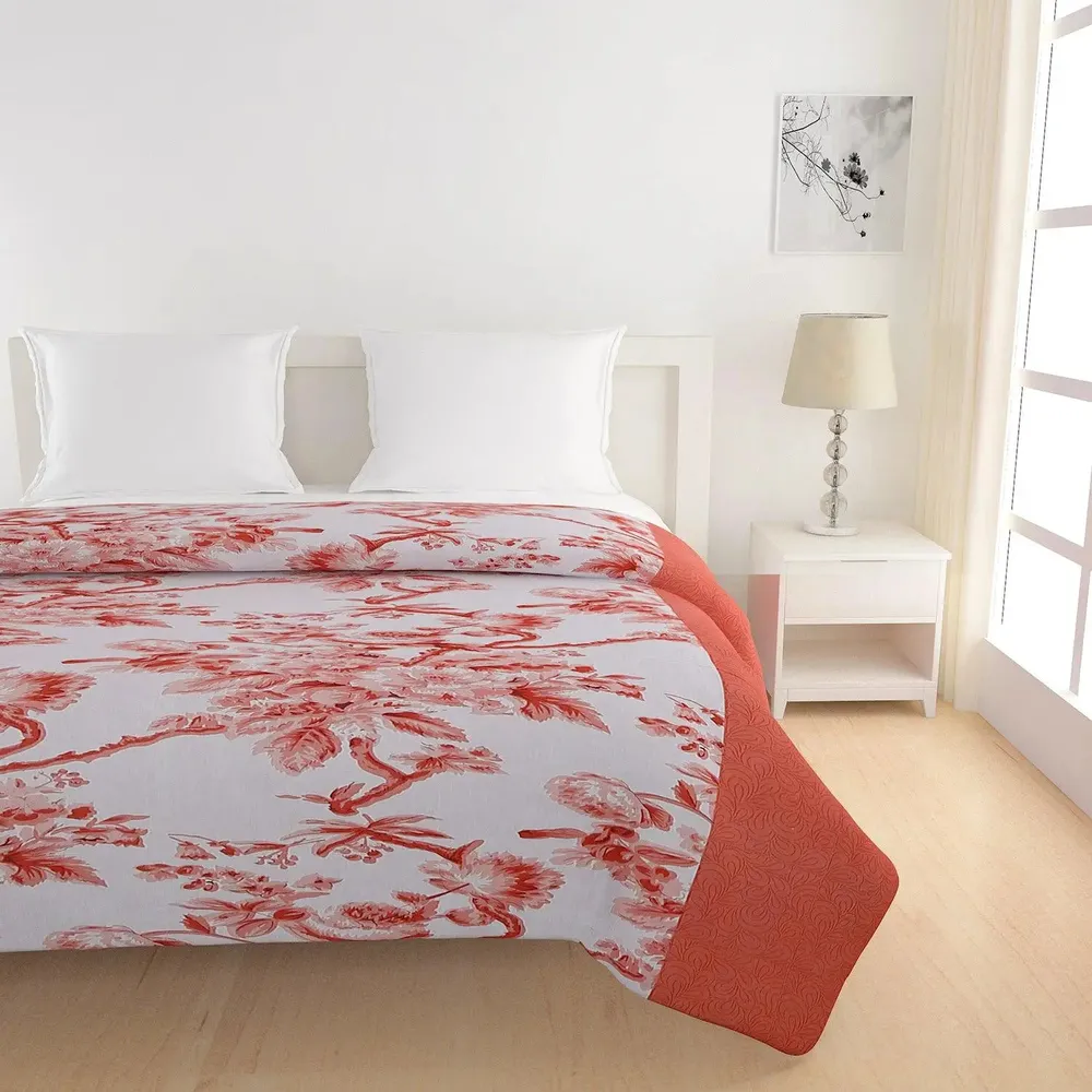 Swayam Floral Design 350 GSM Pure Cotton Double Winter Quilt , Orange and White