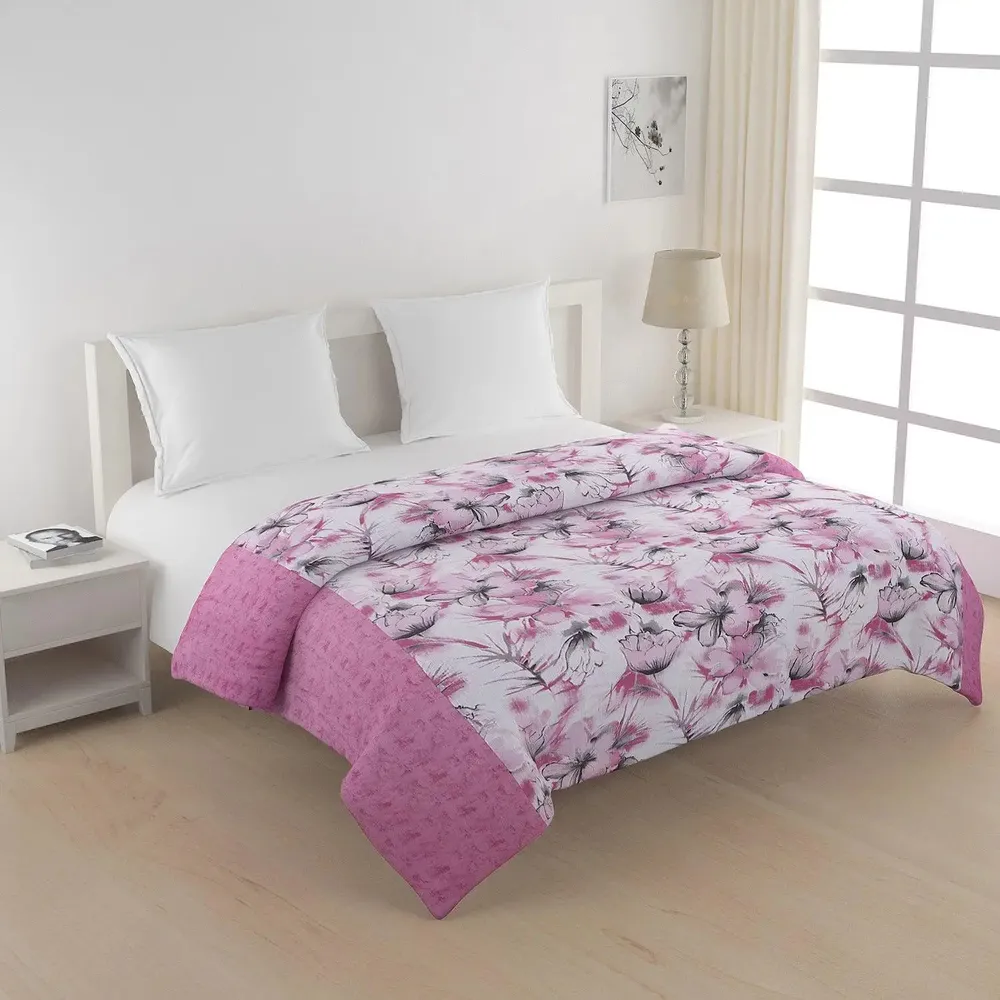 Swayam Floral Design 350 GSM Pure Cotton Double Winter Quilt , Pink and White