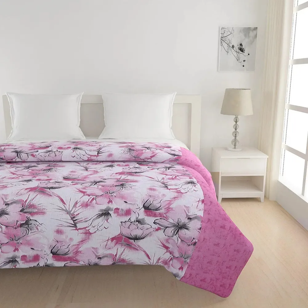 Swayam Floral Design 350 GSM Pure Cotton Double Winter Quilt , Pink and White