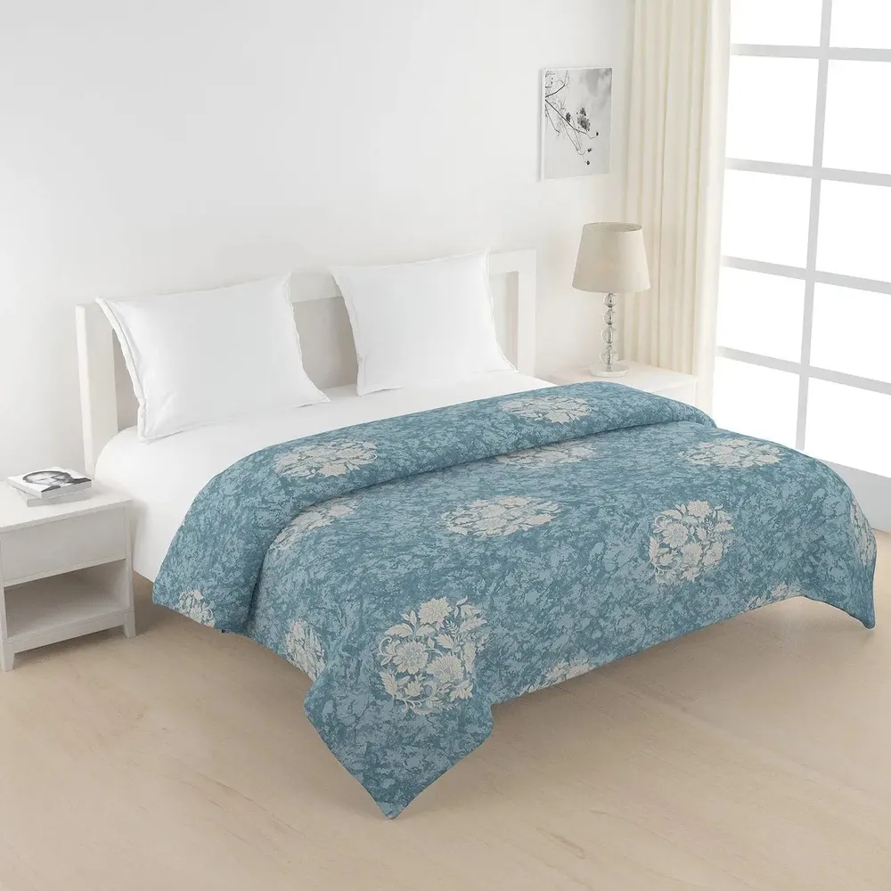 Swayam Floral Design 350 GSM Pure Cotton Double Winter Quilt , Teal and Off white