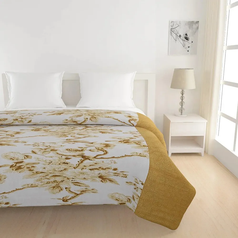 Swayam Floral Design 350 GSM Pure Cotton Double Winter Quilt , Yellow and White
