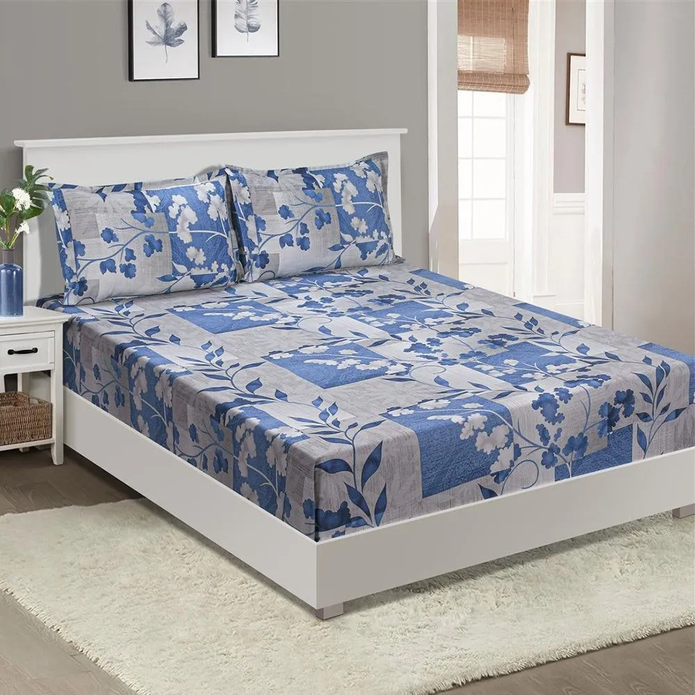 Swayam Hibiscus Leaf Print Veda Fitted Bed Sheet with 2 pillow covers
