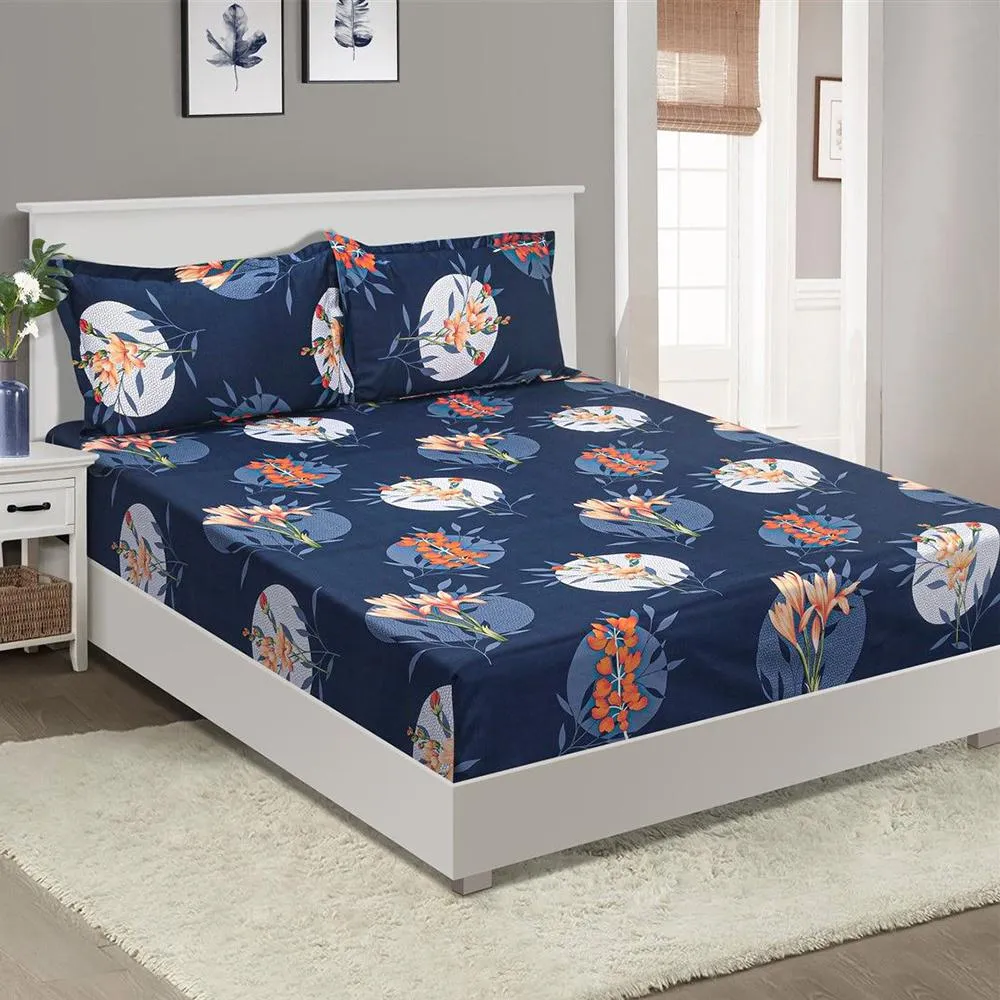 Swayam Lilies in the Dark Zinnia Fitted Bed Sheet with 2 pillow covers