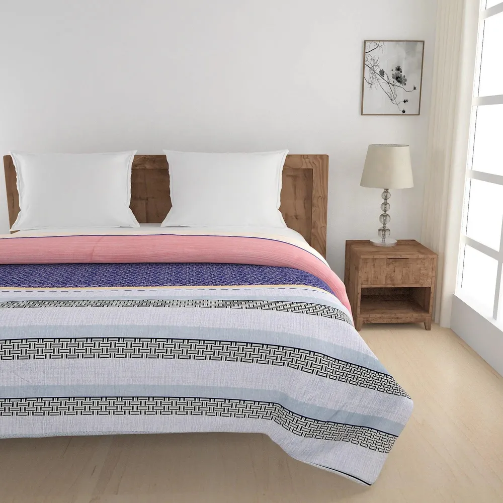 Swayam Linear Design Pink &amp; Blue Blended Cotton Double Bed Comforter