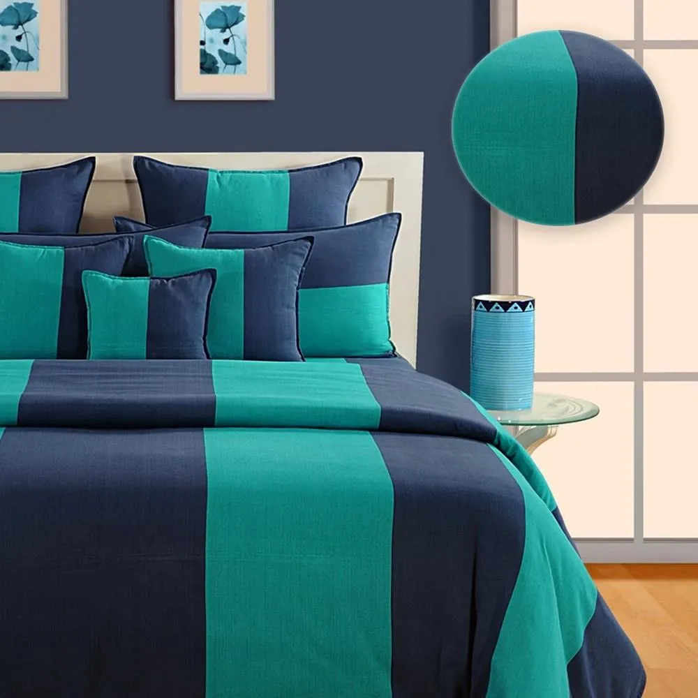 Swayam Magical Linea Striped Blue & Green Fitted Double Bedsheet