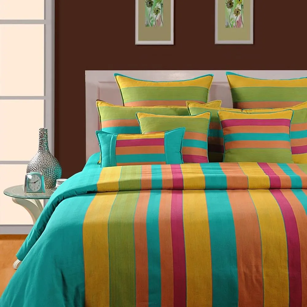 Swayam Magical Linea Striped Green & Yellow Fitted Double Bedsheet