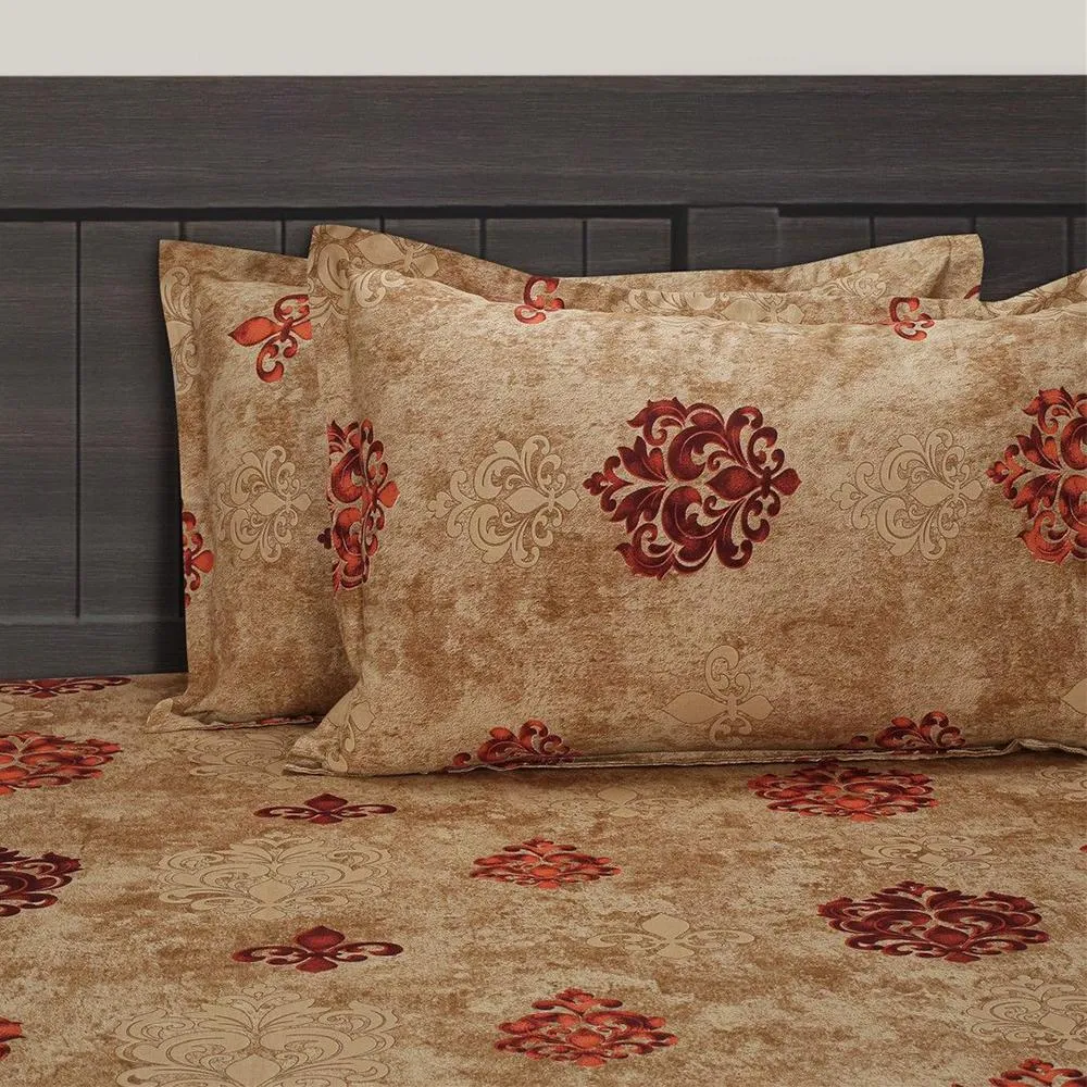 Swayam Merlot Color Print Zinnia Fitted Double Bedsheet