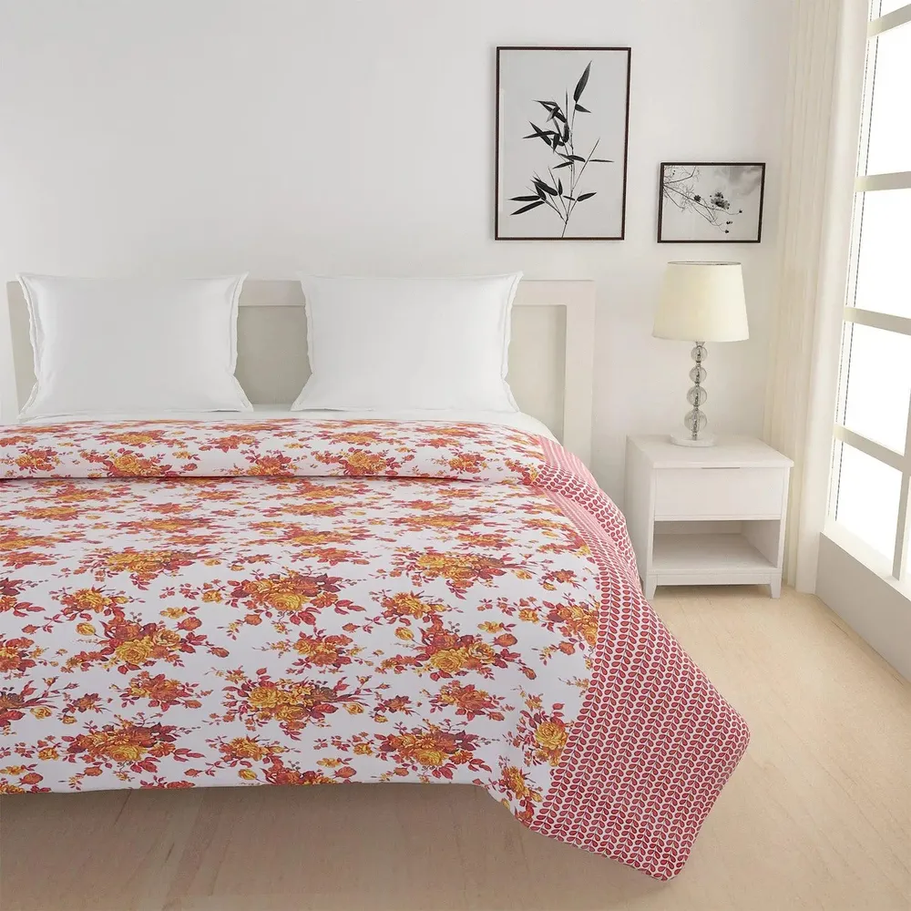 Swayam Orange &amp; Yellow Floral Spree Pure Cotton Double Bed Comforter
