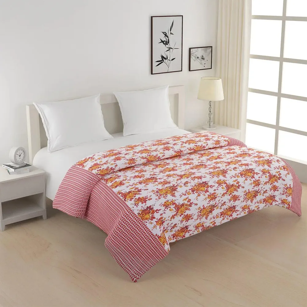 Swayam Orange &amp; Yellow Floral Spree Pure Cotton Double Bed Comforter