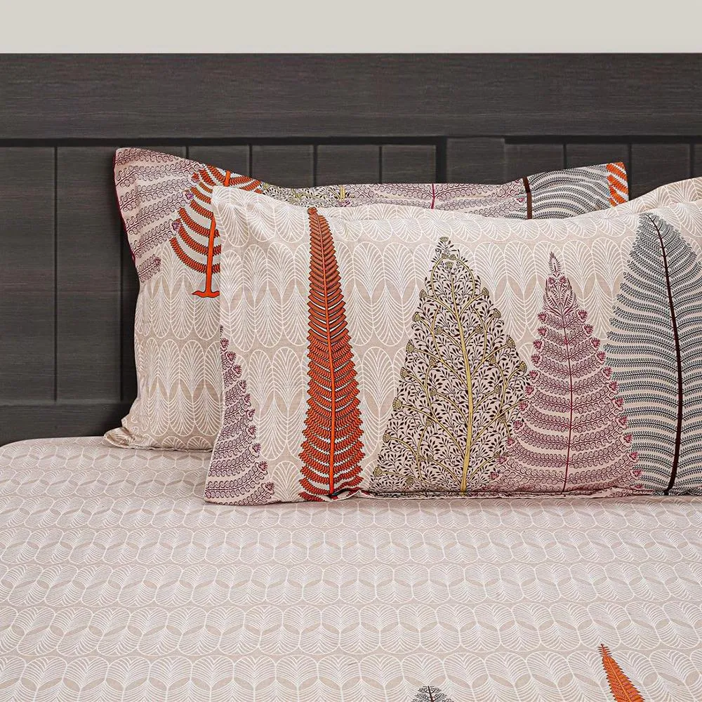 Swayam Orange Fern Print Veda Fitted Bed Sheet with 2 pillow covers