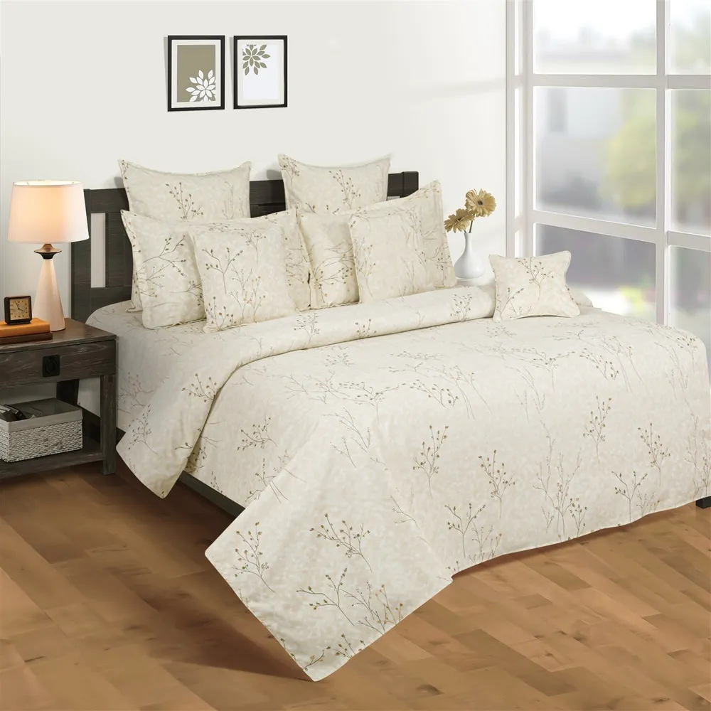 Swayam Pastel Vogue Beige & White Floral Print Fitted Double Bed Bedsheet
