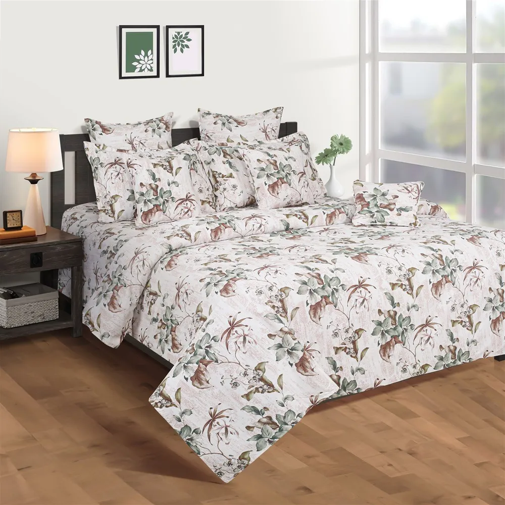 Swayam Pastel Vogue White& Brown Floral Print Fitted Double Bed Bedsheet