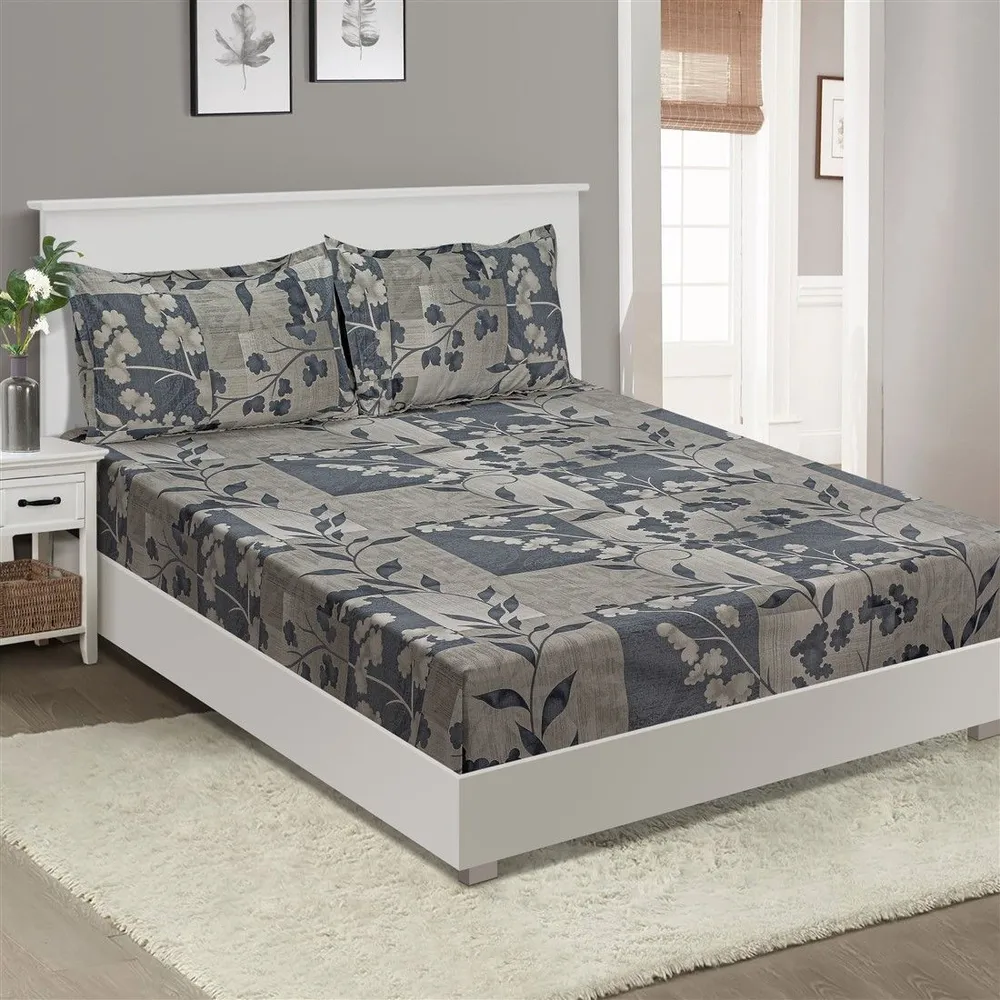 Swayam Petiole Grey Print Veda Double Bedsheet with 2 pillow covers Double Bedsheet (90 x 108 Inches)