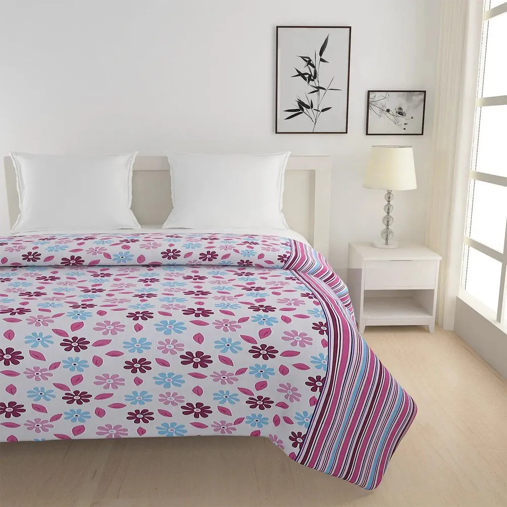 Swayam Pink &amp; Blue Floral Designer Double Bed Winter Quilt