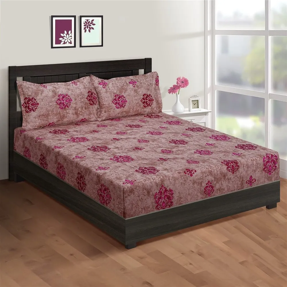 Swayam Pink Block Printed Zinnia Double Bedsheet with 2 pillow covers Double Bedsheet (90 x 108 Inches)