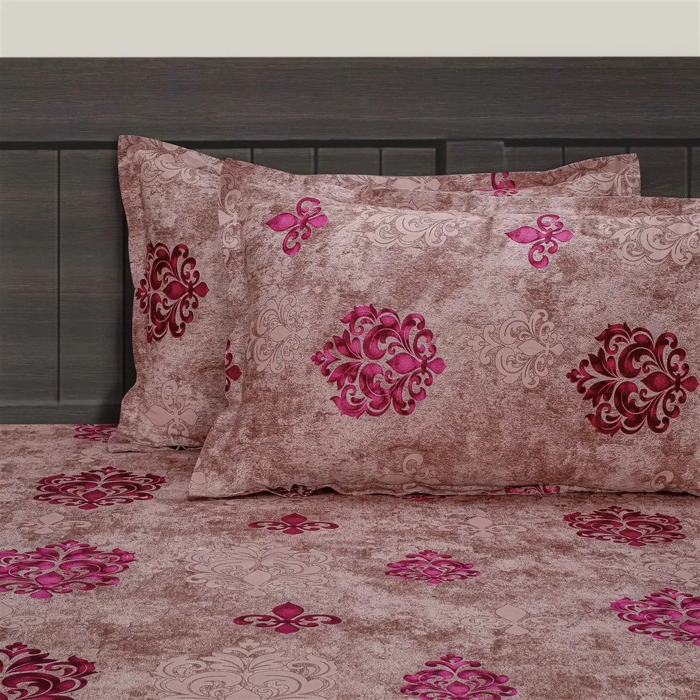 Swayam Pink Block Printed Zinnia Double Bedsheet with 2 pillow covers Double Bedsheet (90 x 108 Inches)