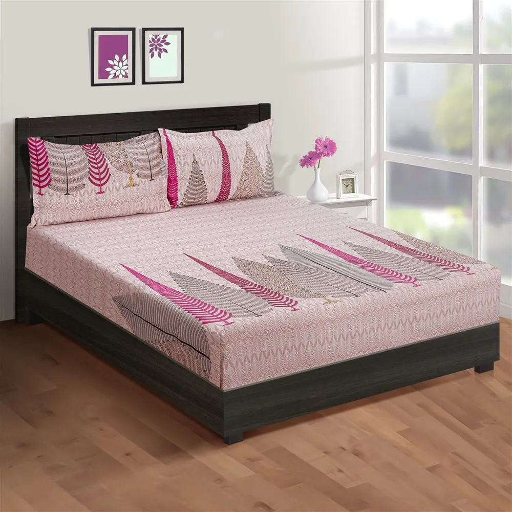 Swayam Pink Fern Print Veda Double Bedsheet with 2 pillow covers Double Bedsheet (90 x 108 Inches)