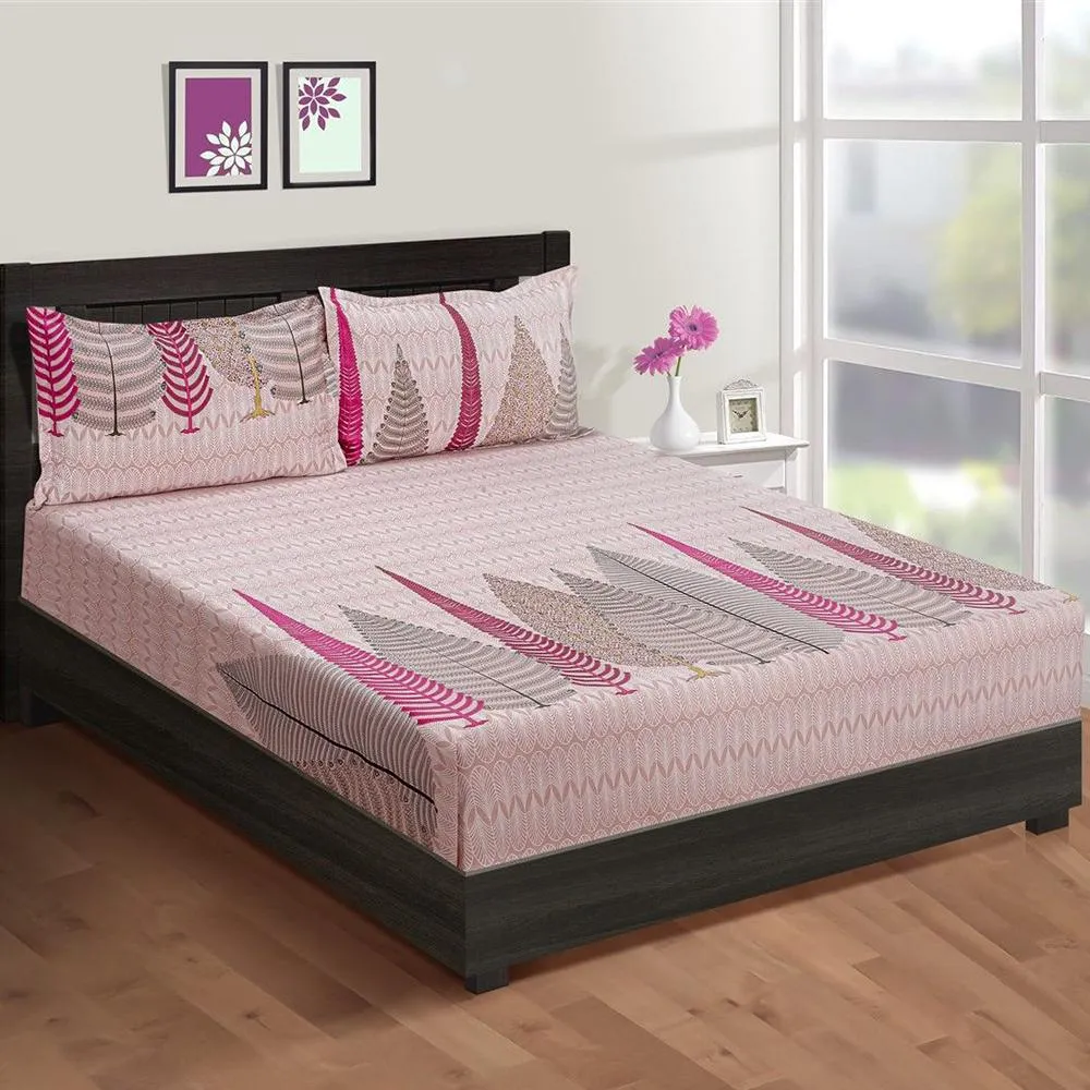 Swayam Pink Fern Print Veda Fitted Bed Sheet with 2 pillow covers