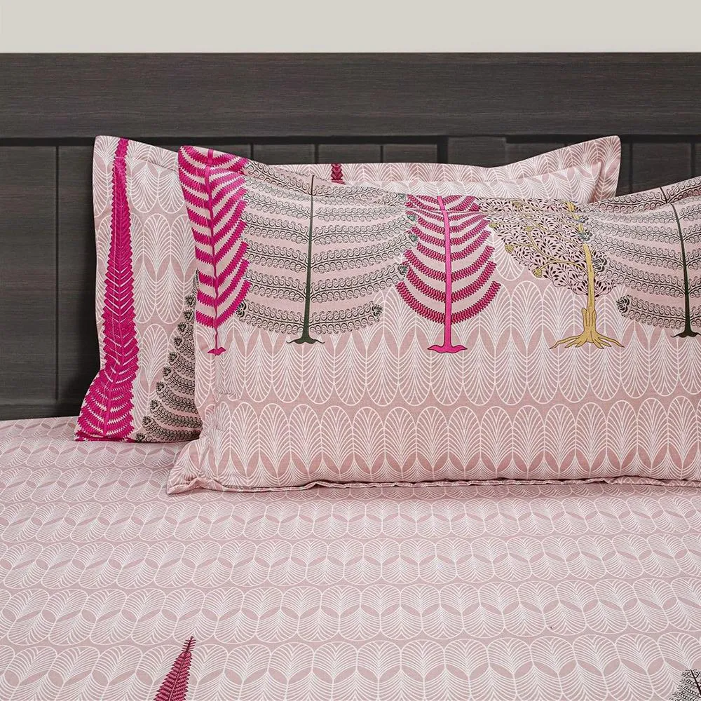 Swayam Pink Fern Print Veda Fitted Bed Sheet with 2 pillow covers