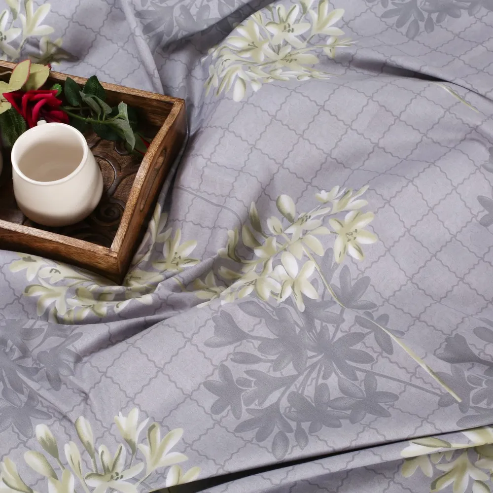 Swayam Rain White lily shadow printed Veda Extra Large Double Bedsheet with 2 pillow covers