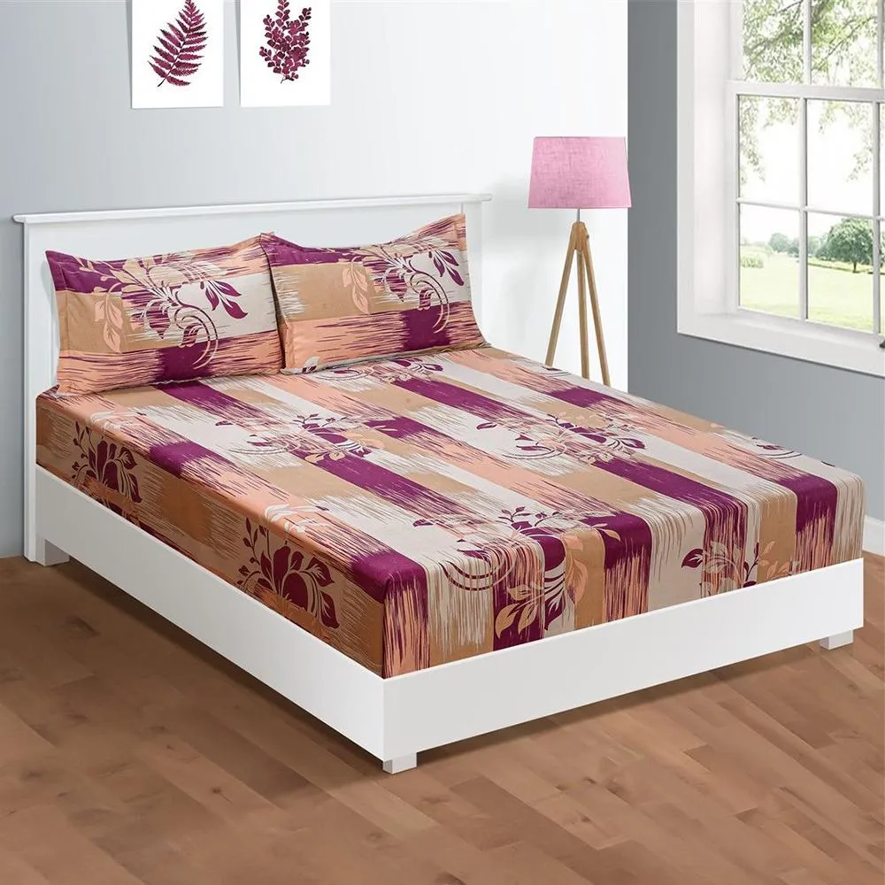 Swayam Rosewood Hazel leaf print Veda Fitted Bed Sheet with 2 pillow covers