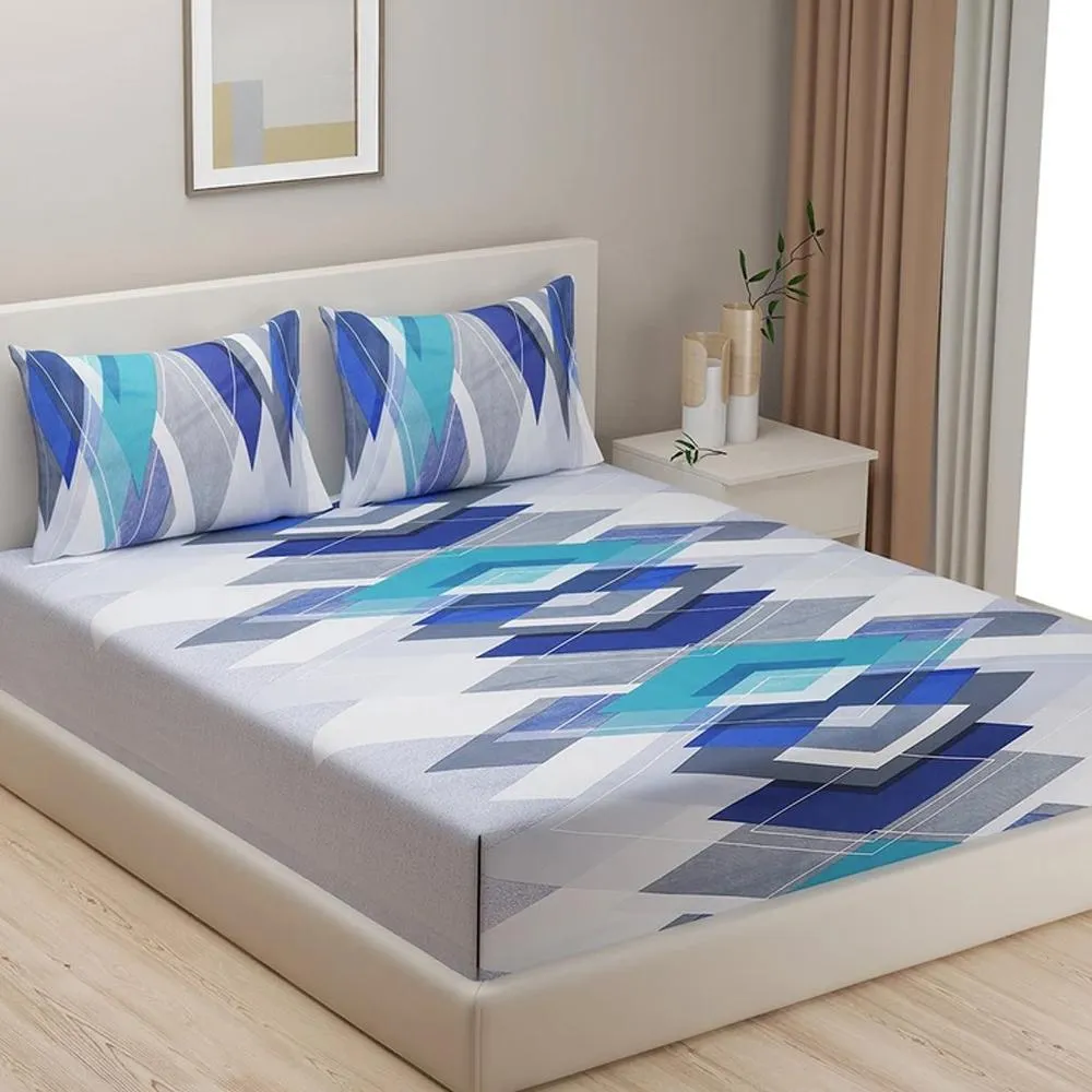 Swayam Sparkle Blue Geometric Print Fitted Double Bedsheet