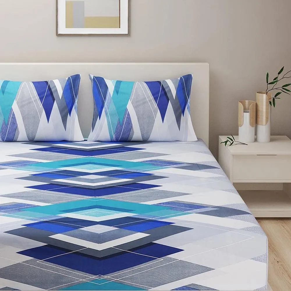 Swayam Sparkle Blue Geometric Print Fitted Double Bedsheet